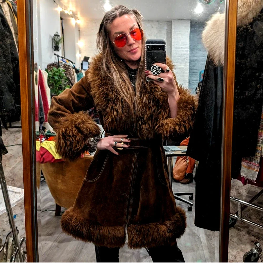 70s Vintage Brown Suede Penny Lane Afghan Coat Fur Furry Groovy Boho Chic Jacket